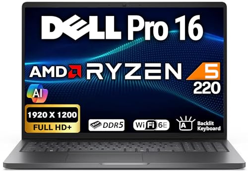 Dell Pro 16 FHD+ 16 (Replaces Latitude 3550), AMD Ryzen 5 220, 32GB DDR5 RAM, 1TB SSD, Backlit Keyboard, WiFi 6E + BT, RJ-45, HDMI, HD Webcam, W11P, Business Laptop, Black