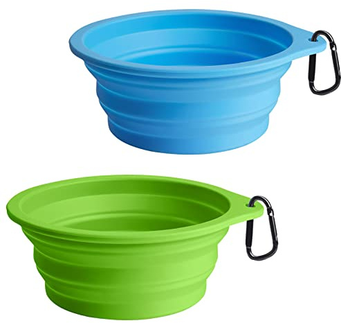PetBonus 2-pack silikonhopfällbara hundskålar, BPA-fria, maskindiskbara, portabla hopfällbara resekoppar, mat- och vattenskålar för hundar och katter med 2 karbinhakar (ljusblå, ljusgrön)