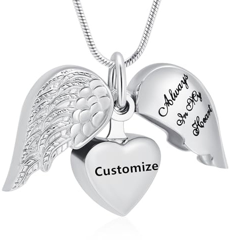 VCCWYQK Angel Wing Heart Urn Necklaces for Ashes Memorial Keepsake Pendant for Women Men Cremation Jewelry (Customize)