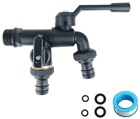 QHENS Robinet Exterieur Double de Jardin en Laiton, Noire Robinet Entrée 3/4 avec 2 sorties 3/4, Double Sorties pour Citerne de Pluie, Machine à Laver