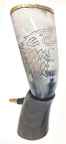 Drinking Wolf Horn Mug Tankard For Beer Wine Mead Ale Horn Viking Drinking Horn With Free Horn Stand Buffalo Horn POLISHED Horn Engraved for Mead, Ale and Beer 34 Cms. (Polished)