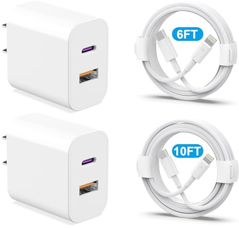 20W Dual Port Fast Charger Block 2-Pack with 6FT & 10FT MFi-Certified Cables, PD/QC3.0 Quick Charge Adapter for iPhone 14/13/12/11 Pro Max/XS/XR/X, iPad, AirPods Pro - Overheat & Surge Protection