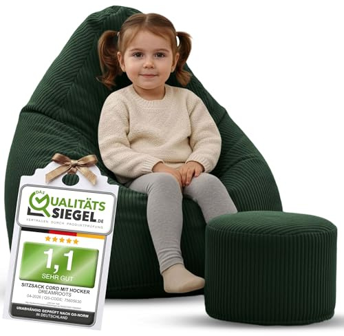 DreamRoots Sitzsack Kinder Cord 70x70x105 mit Hocker, Forest Symphony | Bean Bag Chair mit Hocker, Lehne & Bezug, mit Füllung, Sitzkissen Boden, Kindersitzsack Kinderzimmer