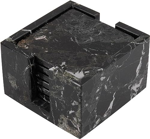 Radicaln Quadratische Marmor-Untersetzer, 6erSet mit Halter,Schwarz,3.5 | Unterseite mit Filzbelag, polierter Naturstein, handgeschliffene Maserung, Untersetzer für Kaffee, in Geschenkverpackung