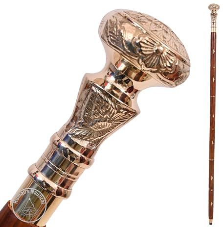Victorian Brass Handle Walking Stick – Telescope Foldable Wooden Cane, for Men and Women