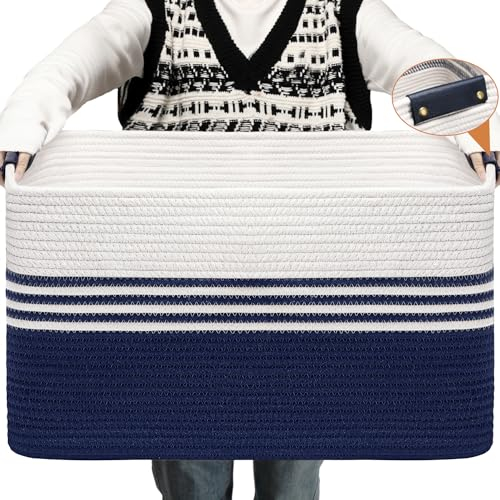 DOFASAYI Aufbewahrungskörbe – großer Deckenkorb für Wohnzimmer mit Ledergriffen, Körbe zum Organisieren, vielseitige gewebte Körbe aus Baumwollseil zur Aufbewahrung, dunkelblau