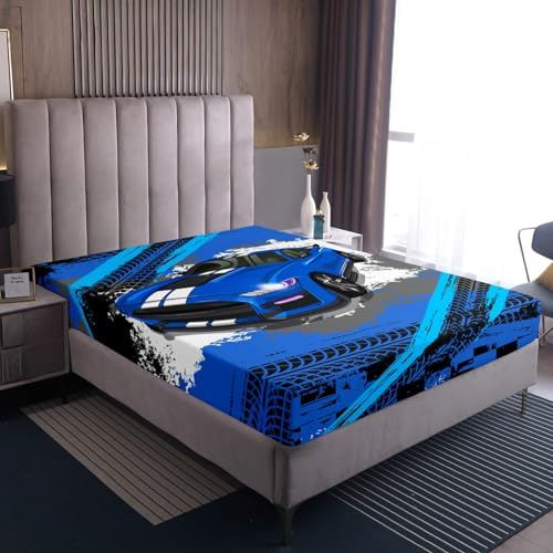 Blaue Sport Auto Bettwäsche für Kinder Jungen Männer,Graffiti Race Auto Fitting Sheet 140x200x30,Grunge Auto Track Bettwäsche Set Leicht Weich,Hippie Racing Auto Bett Abdeckung Schlafzimmer Home Dekor