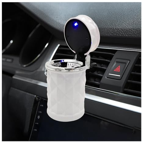 Suvnie Posacenere portatile per auto con coperchio, in acciaio inox, senza fumo, con luce LED blu, mini pattumiera per auto, universale, accessorio per auto da viaggio (bianco)