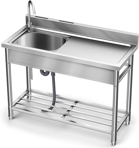LAFATI Stainless Steel Utility Sink, 304 SUS Free Standing Kitchen Sink Single Bowl With Large Work Station Cold and Hot Water Pipe Undershelf Faucet Drainboard (39 Inch Left Bowl)