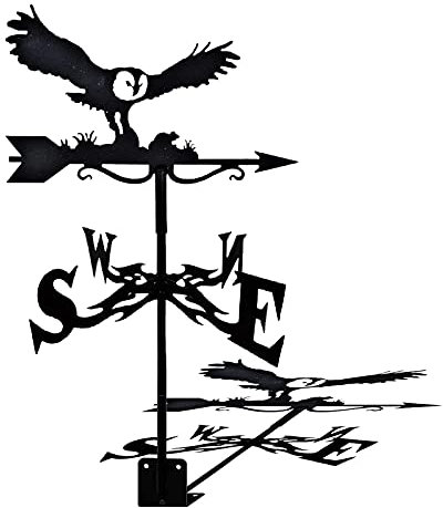 ANCNA-U Metall-Windfahne mit Eulen-Ornament, Wetterfahne, Gartenpfahl, Wetterfahne, Edelstahl, Windrichtungsanzeige, Garten, Hof, Dachhalterung, einfache Handhabung