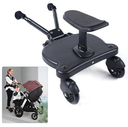 Buggy Board mit Sitz Trittbrett mit Sitz für Kinder 360°Zweirad Design Kinderwagen Zubehör Hält Sicher Bis zu 55 Pfund Höhenverstellbar Kinderwagen Fußstütze für Alle Kinderwagen