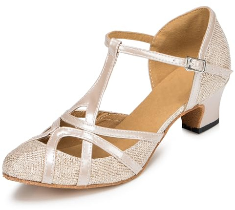 MINITOO Zapatos de baile de salón sintéticos con correa en T y puntera cerrada para mujer, para baile de salón de noche, boda, Tacón Th101 Champagne de 5 cm, 41.5 EU