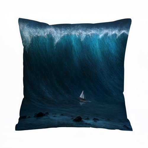 AELKSP Kissenbezug Kissenhülle Haus Dekorativ Für Jungen/Mädchen Wohnzimmer Schlafzimmer Sofa Stuhl Kissenbezüge,Ozean, kleines Boot, gefangen von einem großen Wellenseesturm-Tsunami-Meerest,40x40 cm