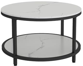 Vicco Couchtisch Ontario, Couchtisch mit der Ablage, Marmor Weiß, 80 x 80 cm Rund