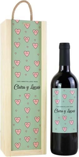Genérico Botella de Vino Personalizada San Valentin Caja Regalo Pareja Novio Novia Aniversario (1 Botella + Caja Regalo de Madera)