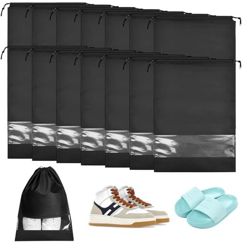 NAROSEBE 14x Schuhbeutel Stoff Schwarz, Schuhtasche Reise mit Zugband, 44 * 32cm, Aufbewahrungstasche Schuhe Schuhsack Aufbewahrung Wasserdicht Organizer Schuhe Taschen Shoe Bags für Reisen Zuhause