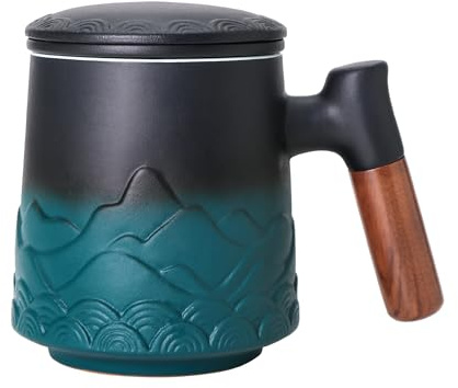 Zenoza Teetasse mit Deckel und Sieb, 500ml Teetassen Groß, Tasse mit Teesieb Henkel, Teebecher Keramik Handgemacht, Geschenk für Teeliebhaber, Grüne
