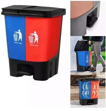16L & 20L Recycling Double Compartment Food & Garden Waste Bin | Home & Kitchen Pedal Bin (Blue & Red, 20L)