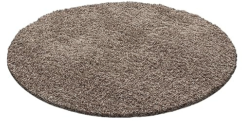 Stilvoll Günstig by ELMM Runder Hochflor Teppich Mokka 80 cm rund – Einfarbig, 30 mm, Polypropylen, Juterücken, für Wohnzimmer & Schlafzimmer