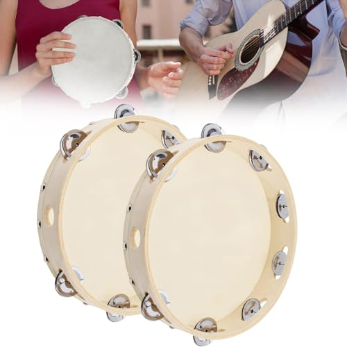 Holz-Tamburin-Hand-Trommelglocken, 15,2 cm, Hand-Tamburin-Trommel für Kirchenparty, mit Schaffell-Trommelkopf, einreihige Schellen, Percussion, musikalisch, pädagogisch für Erwachsene, 2 Stück