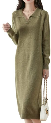 Ailaile Vestido tipo suéter de manga larga para mujer, 100 % lana merino, cuello abatible, para otoño e invierno, Verde Matcha, XL