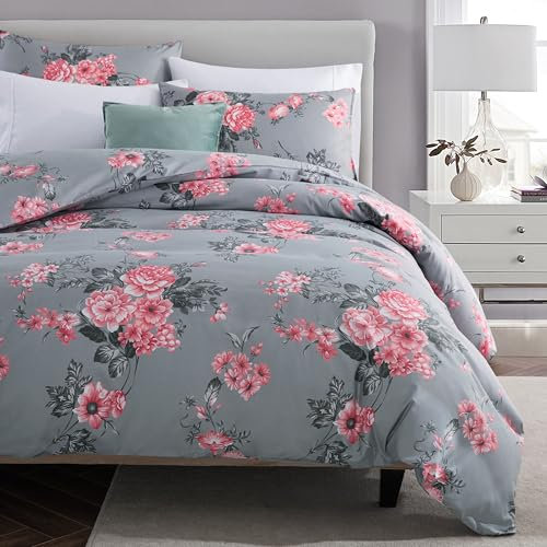 MOONLIGHT20015 King Size Duvet Cover Sets Soft Printed Luxury Bedding Set Brushed Microfiber Duvet Covers with Pillowcases (Grey Bouquet 230x220 CM)