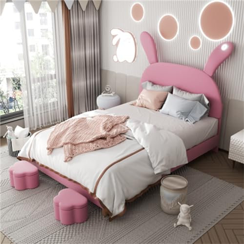 Polsterbett Mit Zwei Aufbewahrungsbänken, Kinderbett Mit Led-leuchten Und Verstellbarem Kopfteil In Hasenohrform, Perfekt Für Teenager- Und Kinderzimmer(Size:140 * 200,Color:rosa)
