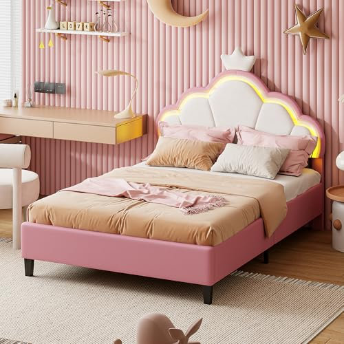 RWUDV Kinderbett Polsterbett 140x200 cm,LED Einzelbett für Mädchen,Bettgestell mit LED Kopfteil in Wolkenform und Lattenrost,Mädchenbett Jugendbett aus Samt mit Rückenlehne,Ohne Matratze