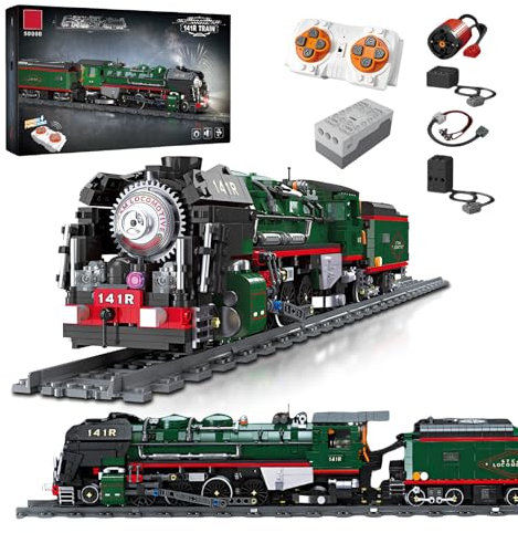 Technik French 141R Dampflokomotive Bausteine Bausatz, Ferngesteuerter Retro-Zug Klemmbausteine Display Kit für Erwachsene Teens, Zug Modell Spielzeugmit Eisenbahnen zum Verschenken(1782 Stücke)