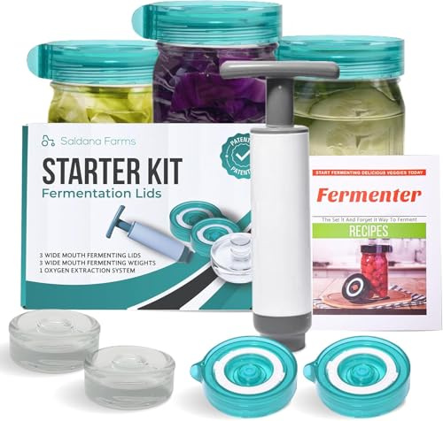 Easy Fermenter Fermentation Starter Set, Includes 3 Airlock Fermentation Lids and 3 Glass Weights, Sauerkraut Fermenting Kit for Wide Mouth Mason Jar, Pickles, Vegetables, & Kimchi Making Kit