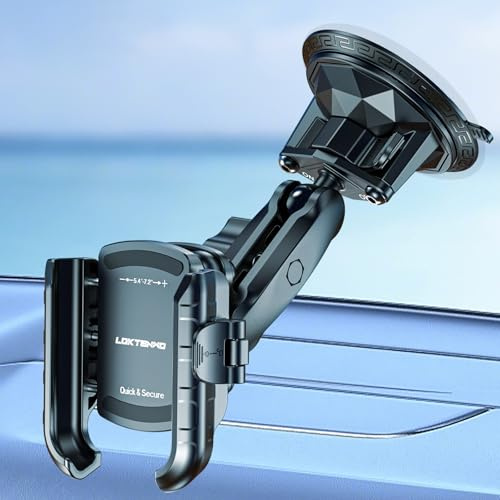 LOKTENWO Phone Mount Holder with Vibration Dampener & Twist-Lock Suction Cup Base, [Camera Friendly] [1s Lock & Release] with Metal Medium Arm for Vehicle Windshields, Fit 5.4''-7.2'' Smartphones