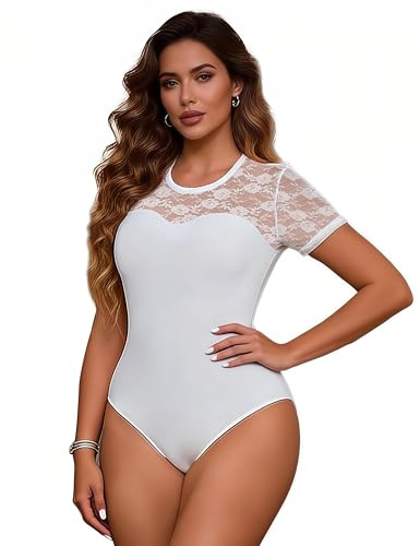 comeondear Dambody, kortärmad, elegant bodysuit, kvinnor, sexig med spets, stora storlekar, toppar, rund hals, kostymbody, topp, mesh, undertröja, sexiga underkläder för mulliga kvinnor, snap crotch