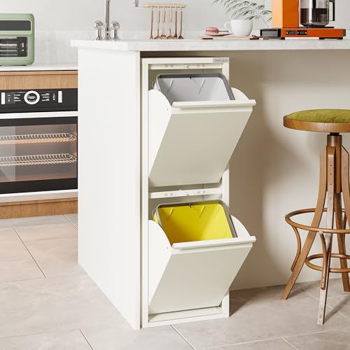 VEEHAUS Küchen Mülltrennsystem, Metall Müllschrank, Klappfach (2 x 15 L) | Freistehend & vormontiert, Einzeln öffenbare Klappen, Magnetische Außenfläche, Herausnehmbare Eimer, 30 L •Creme Weiß