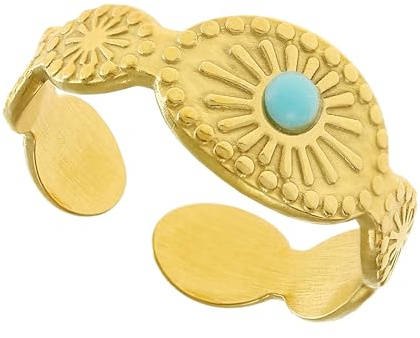 Made by Nami Boho Ring Gold Damen in Sonne Optik mit türkisem Stein aus Chirurgischem Edelstahl Größenverstellbar & Wasserfest Boho Schmuck Damen