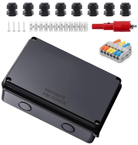 TIANLIN Boite de Derivation Etanche, Noir Ip65 Boite Electrique Etanche Exterieur, 200 X 100 X 70 mm Boîte de Dérivation, Ø 12-16 mm, Avec Bornes et Accessoires de Montage, pour Sous - Sol, Garag