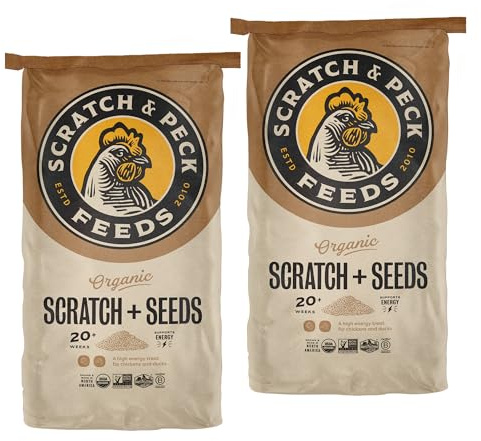 Scratch and Peck Scratch + Seeds Chicken and Duck Treat - 50 lbs Bag - 11% Protein, Certified Organic and Non-GMO Project Verified Chicken Food