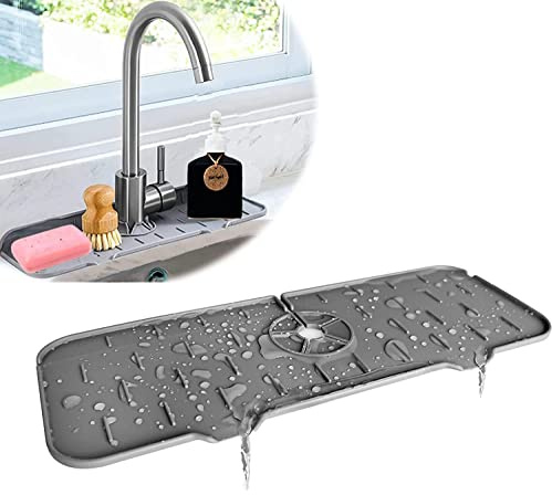 doyeozoowen Silicone Kitchen Faucet Sink Splash Guard Faucet Handle Drip Catcher Tray Silicone Faucet Water Catcher Mat Sink Draining Pad Behind Faucet (Grey)