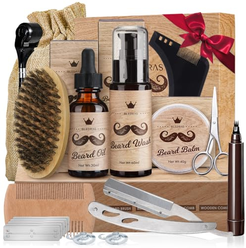 Bledras 13 in 1 Barba Cura Set, Cura Della Barba Professionale per Uomo, con Olio da Barba, Balsamo Barba, Shampoo Barba, Rasoio Dritto, Forbici, Spazzola,Pettine, Kit Barba Uomo Regali per Lui e Papà