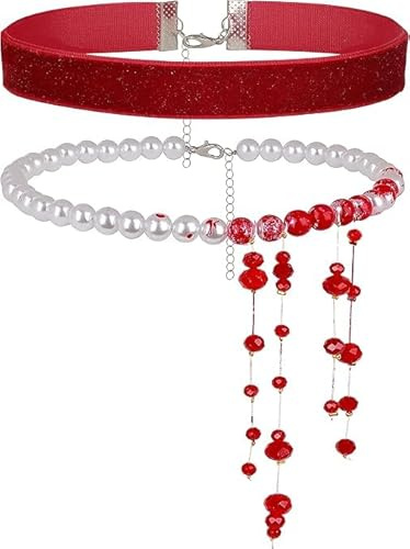 Perlenkette Blut, Halloween Kostüm Zubehör Damen mit Blutige Perlenkette Perlenarmband, Verstellbarer Bluts Kette Halloween für Damen Mädchen, Blut Halskette für Halloweens Karneval Maskerade