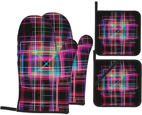 WZYWHJ Set di 4 guanti da forno e presine, guanti da forno, presine e guanti da forno per cucina, cottura al forno, grigliate, cornice al neon stampata