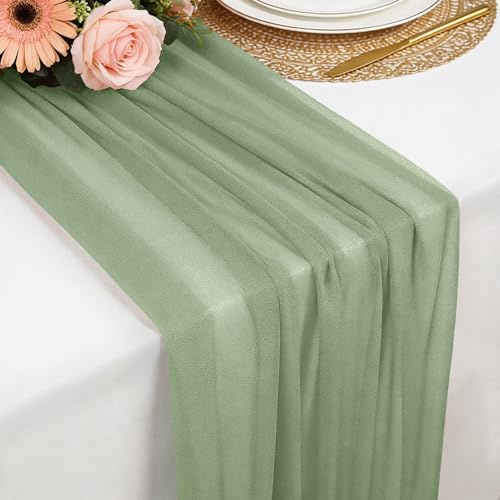 Tischläufer Salbeigrün Chiffon, 77 X 300 cm Weich und Bequem Tischläufer Eukalyptus Grün für Boho Hochzeit, Party, Taufe Dekor, Babyparty, Brautparty Küche Tisch Dekoration