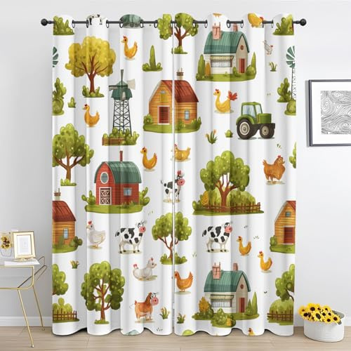Vorhänge Rustikaler Bauernhaus, Cartoon Bauernhof Tier Kinder Vorhang Blickdicht mit Ösen für Schlafzimmer, Verdunklungsvorhänge Thermovorhänge für Wohnzimmer, H145 x B140 cm (2er Set) xsE152