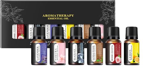 Ätherische Öle Set, Bio Aroma Duftöle für Diffuser, Aromatherapie zur Entspannung,Ätherische Öle aus Lavendel, Sandelholz, Rose, Zitrone, Black Ice und Kirschblüte, Perfektes Geschenkset für Frauen