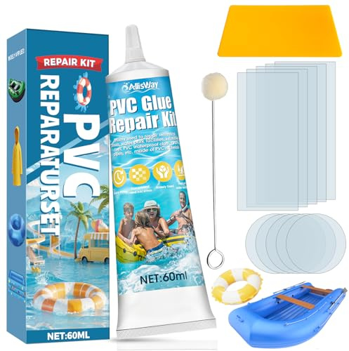 AllisWay Luftmatratze Reparaturset, Wasserbett Reparaturset, PVC Reparaturset, Transparentes und Wasserdichtes, Inklusive Werkzeug, Geeignet für Kajaks, Schlauchboote und Schwimmringe, 60 ml