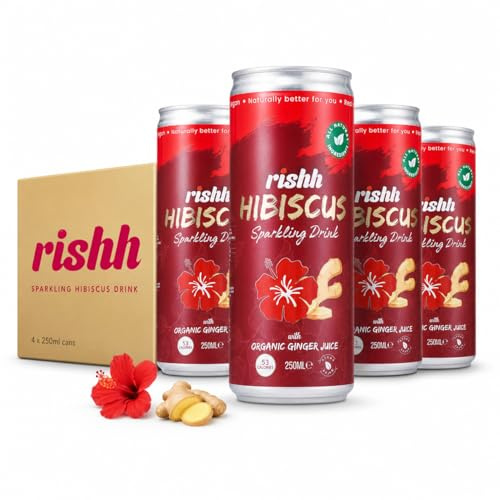 Rishh Hibiscus Sparkling Drink - 4 x 250ml Cans - Natural soda with with real ginger juice, Vegan, Botanical soft drink alternative (Ginger)