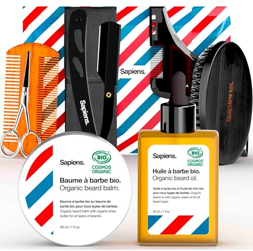 Bartpflege und Rasur Set Männer Sapiens Barbershop - Bart Set mit Rasiermesser + 10 Derby Rasierklingen, Bartöl und Bartbalsam 100% Naturliches, Bartkamm, Bartbürste, Bartschablonen, Schere, Beutel