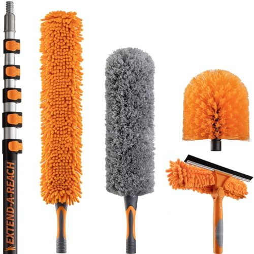 9.1m (30 ft) High Reach Duster Kit with 1.5-7.3m (5-24 ft) Extension Pole // High Ceiling Dusting & Window Cleaning Kit with Telescopic Pole // Squeegee, Cobweb Brush, Fan Blade and Feather Dusters