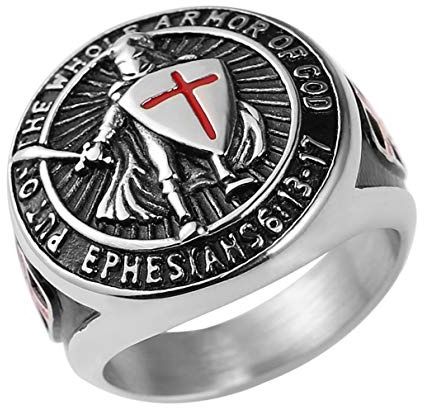 HZMAN Knights Templar Ring for Men Ephesians 6:13-17 Red Cross Design Men's Stainless Steel Ring Jewelry Gift (Silver,10)