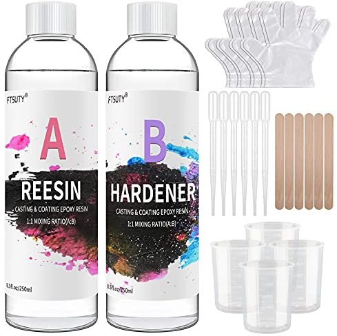 Kit de resina epoxi – 500 ml /17 oz resina epoxi transparente para fundición – 1:1 Ratio revestimiento de resina transparente con palos, copas graduadas y guantes para hacer joyas