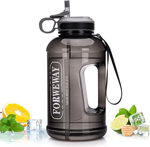 FORWEWAY 2.2 Litre Water Bottle with Straw BPA-Free Leak Proof Reusable Durable Half Gallon Gym Jug with Handle Portable for Sports Cycling Running Work (Black)